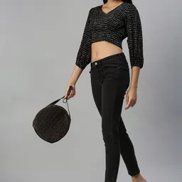 SHOWOFFFF Print Puff Sleeve Crepe Cinched Waist Crop Top image 5