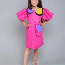 Pink Chick Colourblocked Puff Sleeve A-Line Dress-image-63