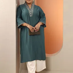 EXTRA LOVE BY LIBAS Women Embellished Silk Straight Kurta image 4