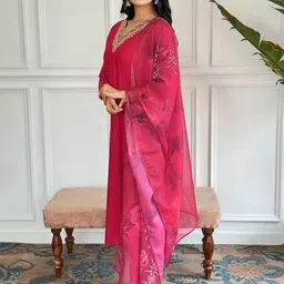 Fashion Care Women Ethnic Motifs Embroidered Regular Thread Work Kurti with Trousers & With Dupatta image 2