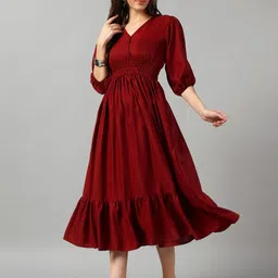Raiyani Enterprise Women V-Neck Puff Sleeve Crepe Fit & Flare Dress-image-57