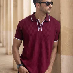 Powerlook Men Maroon Self Design Structured Polo Collar T-shirt-picture-37