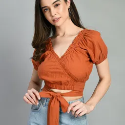 DressBerry Women V-Neck Puff Sleeve Wrap Crop Top-picture-23