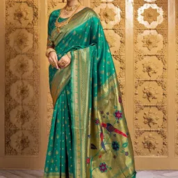 Kalista Ethnic Motifs Zari Silk Blend Handloom Paithani Saree-picture-46
