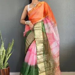 HERE&NOW Tie and Dye Zari Organza Kanjeevaram Saree-image-1