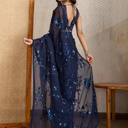 FashionsEye Floral Embroidered Sequinned Pure Georgette Saree And Unstiched Blouse Piece image 4