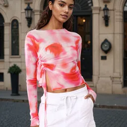 Freehand by The Indian Garage Co Tie & Dye Dyed Boat Neck Ruched Fitted Crop Top-picture-36