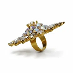 ANIKAS CREATION Gold-Plated Stone-Studded & Beaded Adjustable Floral Finger Ring image 5
