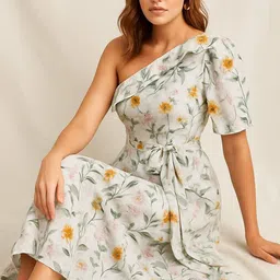 sollobell Women One Shoulder Ruffles Detailed Fit and Flare Midi Dress image 4