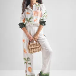 Tokyo Talkies Disney Mickey Mouse Tropical Printed Shirt Collar Satin Shirt & Trousers-picture-17