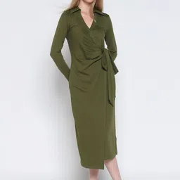 COVER STORY Women Solid Formal Wrap Style Midi Dress image 2