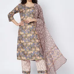 BCZ Style Floral Printed Sweetheart Neck Pure Cotton Straight Kurta With Trouser & Dupatta-image-65