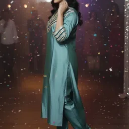 Varanga Women Ethnic Motifs Embroidered Regular Thread Work Kurta with Trousers image 3