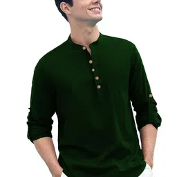 BHUVIKOO Band Collar Roll-Up Sleeves Cotton Short Kurta-picture-24