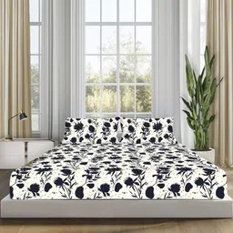 Sleepsia Cream-Coloured & Blue Floral 180 TC King Bedsheet with 2 Pillow Covers image 2