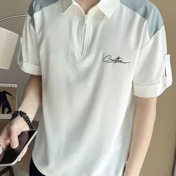 KPOP Colourblocked Polo Collar Short Sleeves T-Shirt-picture-23