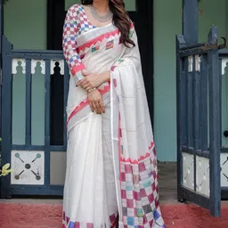 ALMAARI FASHION Geometric Printed Pure Linen Banarasi Saree image 5
