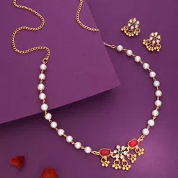 DIVASTRI Gold-Plated Stone-Studded & Beaded Jewellery Set image 1