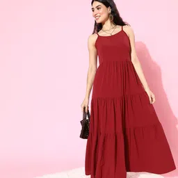 THREAD MUSTER Women Charming Maroon Solid Tiered Dress-picture-15