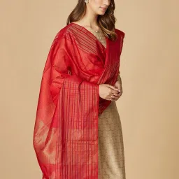 Fabindia Red Cotton Striped Dupatta image 2