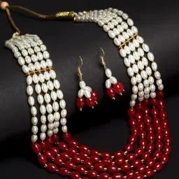 Zeneme Maroon Off White Beaded Layered Necklace and Drop Earring Jewellery Set-image-21