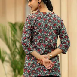 Libas Blue Cotton Printed A Line Kurti image 2