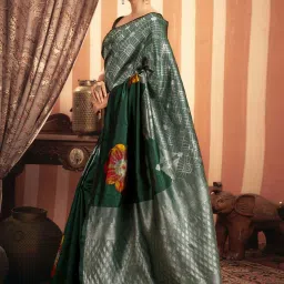 Satrani Green Woven Saree With Unstitched Blouse image 2