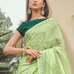 Satrani Green Embellished Saree With Unstitched Blouse image 2