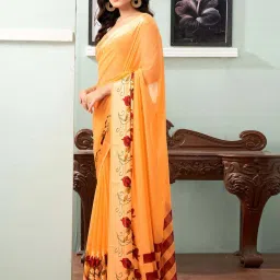 Satrani Orange Floral Print Saree With Unstitched Blouse image 2