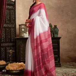 Satrani White & Dusty Red Cotton Silk Printed Saree With Unstitched Blouse image 2