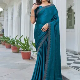 Satrani Sea Blue Embellished Saree With Unstitched Blouse image 2