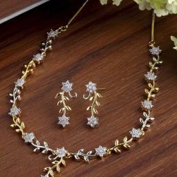 Zeneme Gold Plated Silver Toned White AD Studded Leaf Flower Shaped Handcrafted Jewellery Set-picture-16