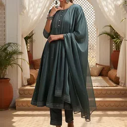 KALINI Floral Embroidered Zari Anarkali Kurta With Trousers & Dupatta-picture-14