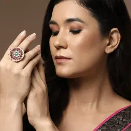 Panash Gold Plated Kundan Studded & Pearl Beaded Finger Ring image 2