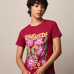 Only Maroon Cotton Graphic Print T-Shirt image 2