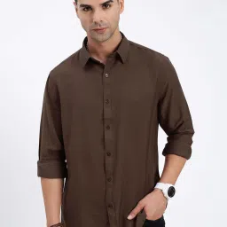showoffff SHOWOFF Brown Cotton Slim fit Solid Shirt image 2
