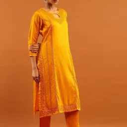 House Of Chikankari Mustard Silk Regular Fit Kurta Set image 4