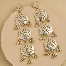 ZENEME Gold-Plated Floral Shaped Ghungroo Beaded Studded Drop Earrings-picture-14