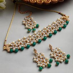 Zeneme Gold Plated White Green Kundan Studded Beaded Jewellery Set-picture-5