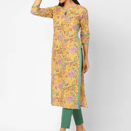 Kami Kubi Yellow Cotton Floral Printed Straight Kurta image 3