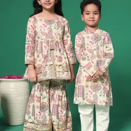 READIPRINT FASHIONS Kids Beige & White Printed Full Sleeves Kurta with Pyjamas image 4