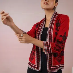 Janasya Maroon Regular Fit Embroidered Shrug image 4