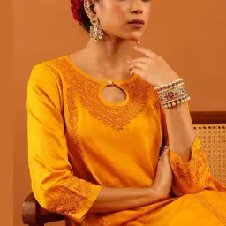 House Of Chikankari Mustard Silk Regular Fit Kurta Set image 5