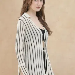 RAREISM White Viscose Striped Long Sleeves Shrug image 3