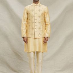Arihant Rai Sinha Men Ethnic Motifs Embroidered Regular Chanderi Silk Kurta with Trousers-picture-11