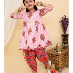 Superminis Three Fourth Bell Sleeves Vintage Floral Motif Printed Kurta With Coordinating Gota Lace Embellished Overlapped Dhoti - Magenta Pink-picture-25