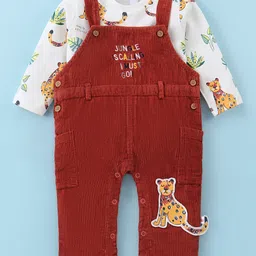 wow clothes WOW Cothes Interlock Knit Full Sleeves Animal Printed T-Shirt & Dungaree Style Romper with Patch - Maroon-picture-13