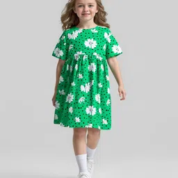 Primo Gino Cotton Knit Half Drop Shoulder Sleeves Floral Printed Frock - Green-picture-18