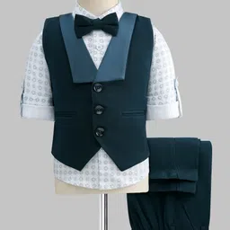 Robo Fry Cotton Woven Full Sleeves Printed 3 Piece Party Suit With Bow - Navy Blue-picture-19