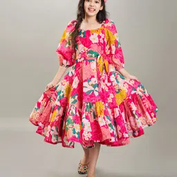 Bitiya By Bhama Silk Blend Woven Three Fourth Sleeves Floral Printed Flared Dress - Pink-picture-25
